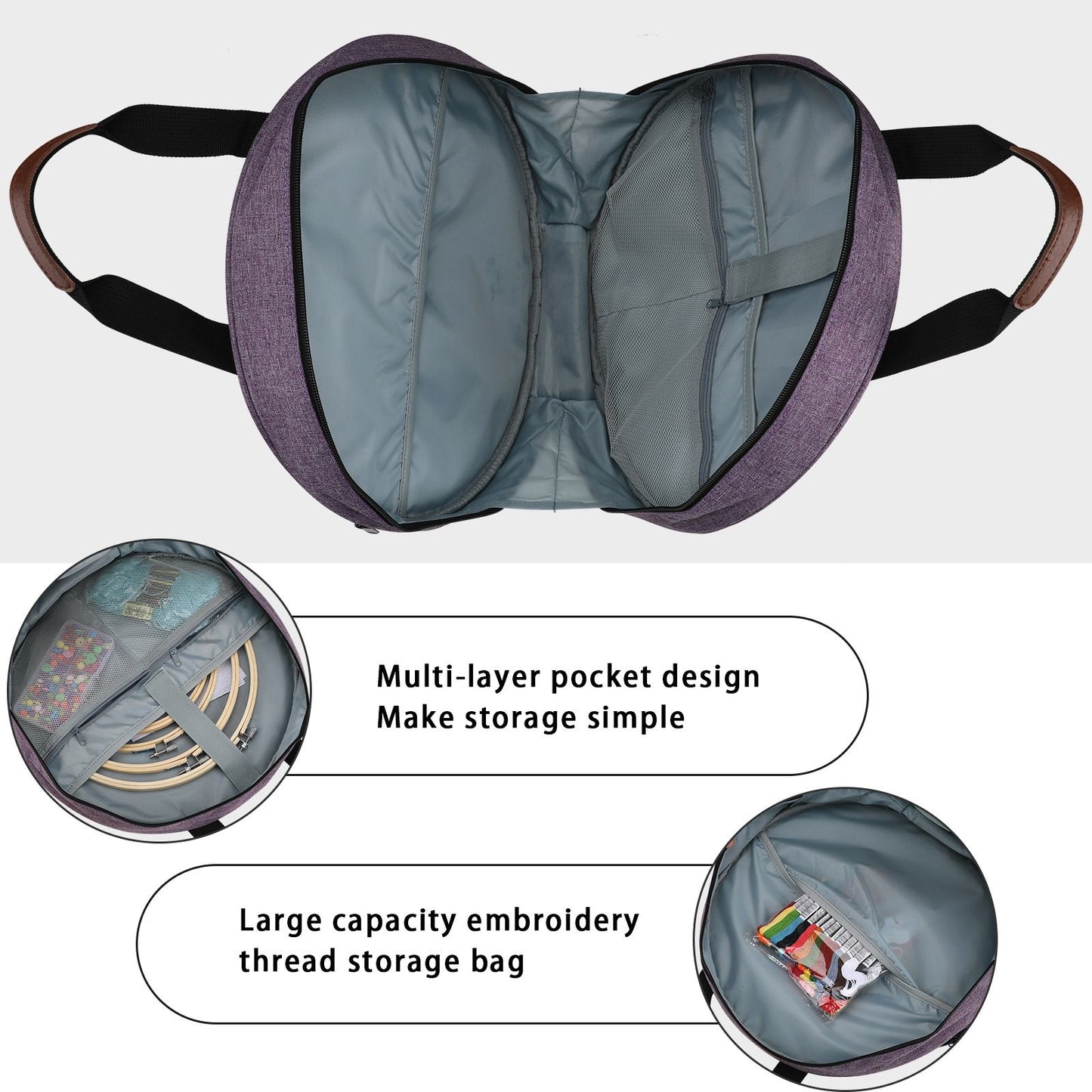 Cross Stitch Storage Bag Purple,Embroidery Projects Bag,Sewing Crafts Storage Tote Bag,Knitting Bags with Zipper Pockets Organiser for Embroidery Hoops(Purple)