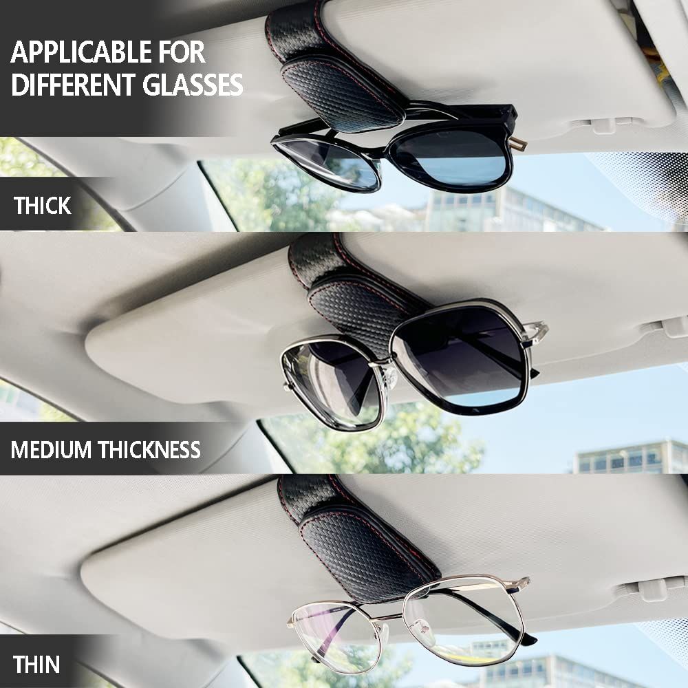 2Pcs Sunglass Holder for Car, Magnetic Leather Eyeglass Hanger Clip for Car Sun Visor, Sunglasses Holder and Ticket Card Clip for Car Visor Accessories (Carbon Fibre Black)