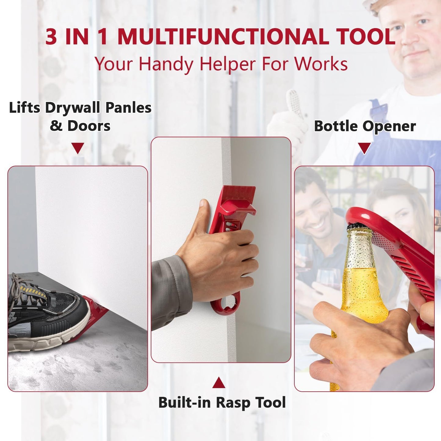 2 pack Drywall Panel Lifter, Drywall Rasp, Drywall Tool Includes Built In Bottle Opener, Lightweight, Non-Clogging Rasp, Door Hanging Tool