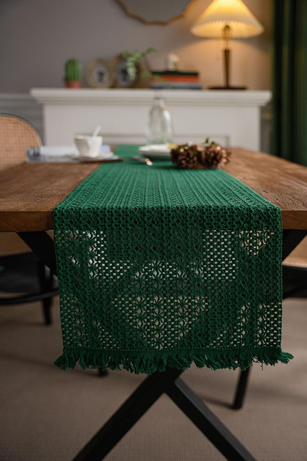 Hollow Table Runners with Tassels Farmhouse Cotton Linen Hand Woven Table Runner for Boho Dining Bedroom Decor Rustic 30*160cm
