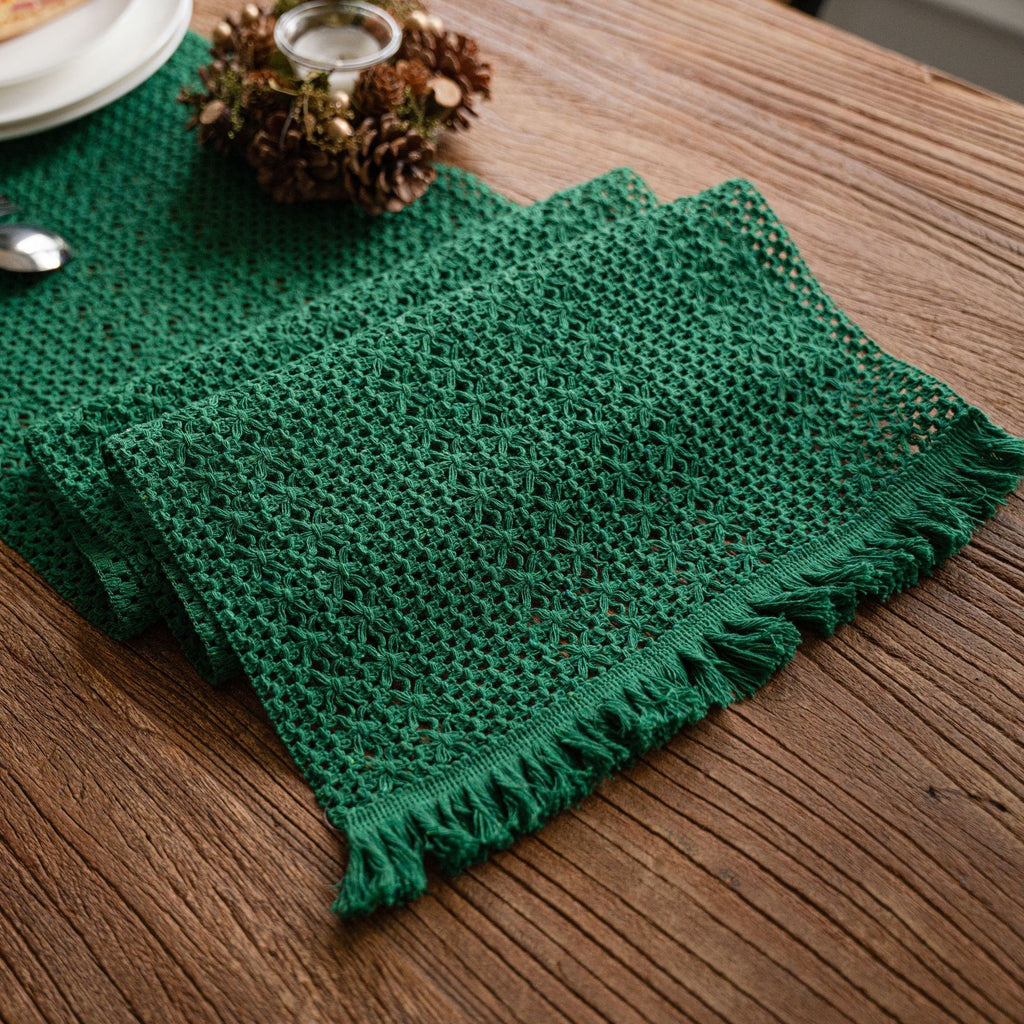 Hollow Table Runners with Tassels Farmhouse Cotton Linen Hand Woven Table Runner for Boho Dining Bedroom Decor Rustic 30*160cm