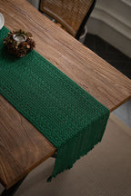 Hollow Table Runners with Tassels Farmhouse Cotton Linen Hand Woven Table Runner for Boho Dining Bedroom Decor Rustic 30*160cm