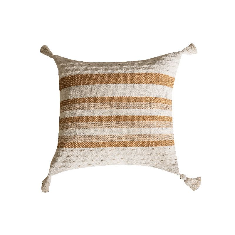 Boho Throw Pillow Covers 18x18 Decorative Pillows for Bed, Neutral Pillows Cover with Tassels , Pack of 2, Beige with Brown Line
