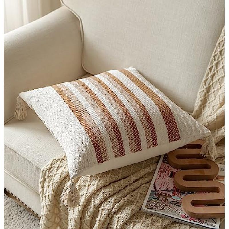 Boho Throw Pillow Covers 18x18 Decorative Pillows for Bed, Neutral Pillows Cover with Tassels , Pack of 2, Beige with Brown Line