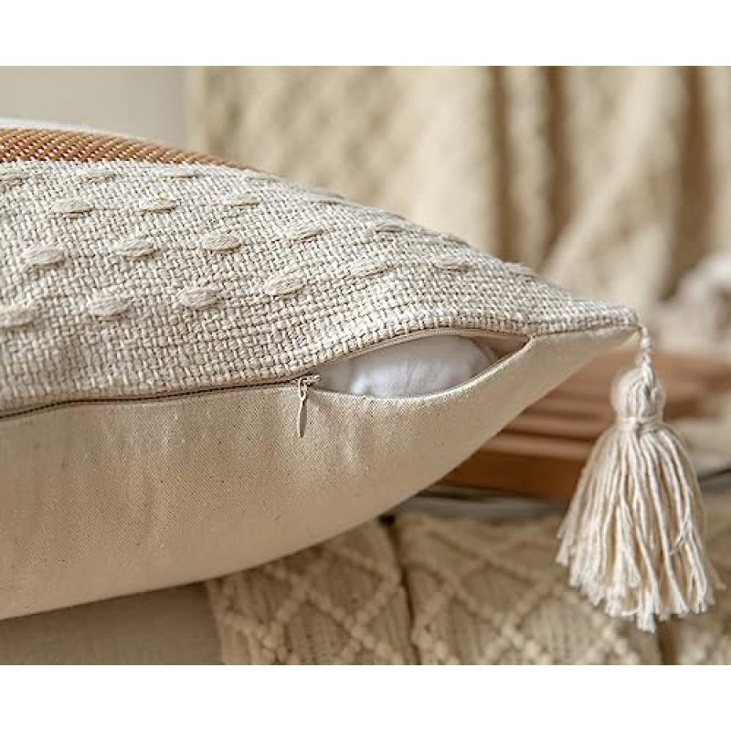 Boho Throw Pillow Covers 18x18 Decorative Pillows for Bed, Neutral Pillows Cover with Tassels , Pack of 2, Beige with Brown Line
