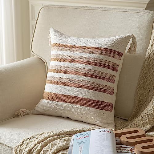 Boho Throw Pillow Covers 18x18 Decorative Pillows for Bed, Neutral Pillows Cover with Tassels , Pack of 2, Beige with Brown Line