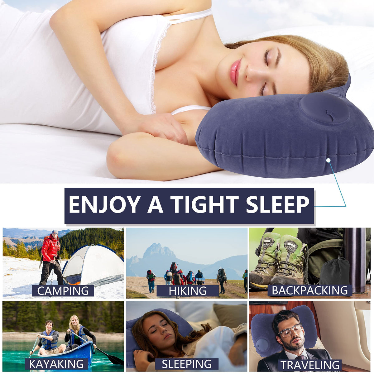 Ultralight Inflatable Camp Pillow - Compressible, Compact, Comfortable, Ergonomic Pillow for Neck & Lumbar Support While Camping