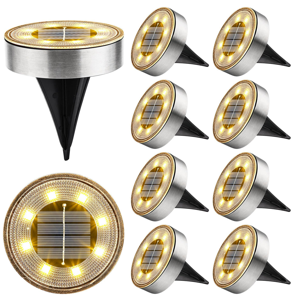 Solar Ground Lights,10 Pack 8 LED Solar Lights Outdoor IP68 Waterproof Solar Disc Lights In-Ground Landscape Lighting (Warm White)