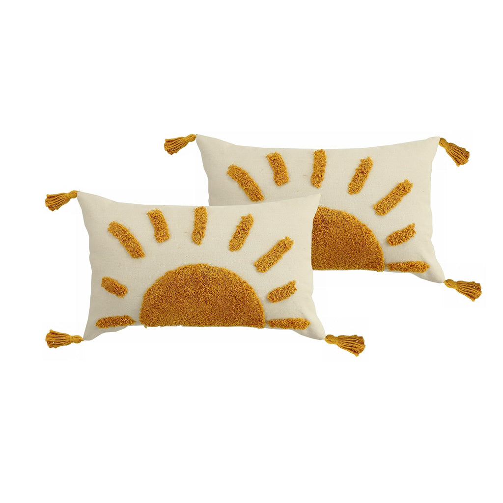 Set of 2 Boho Decorative Throw Pillow Covers 12x20, Woven Tufted Sun Lumbar Pillow Covers with Tassels Modern Abstract Pillowcase