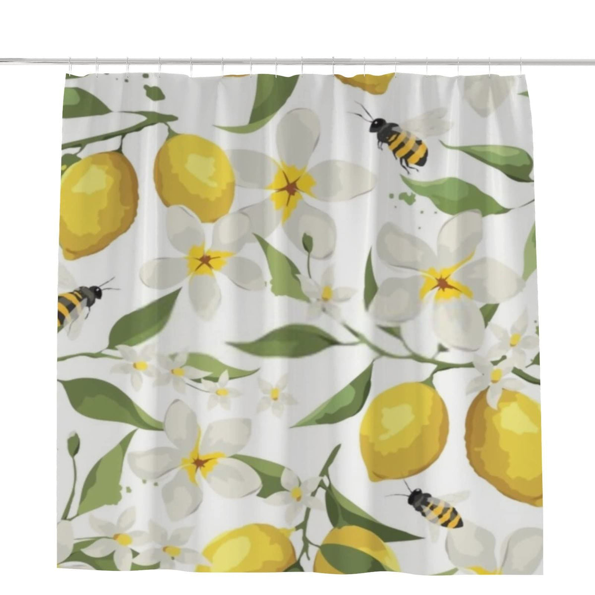 Watercolor Lemon Flowers Branch with Bees Bath Shower Curtains with Thicken Hooks Heavy Duty Waterproof Polyester  72x72in