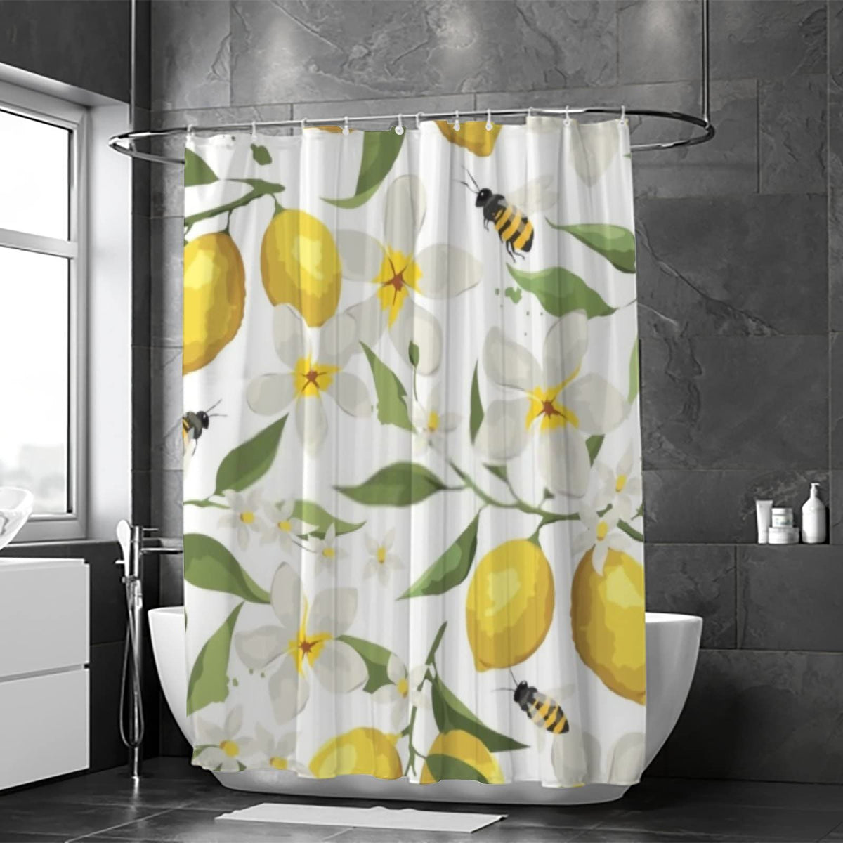 Watercolor Lemon Flowers Branch with Bees Bath Shower Curtains with Thicken Hooks Heavy Duty Waterproof Polyester  72x72in