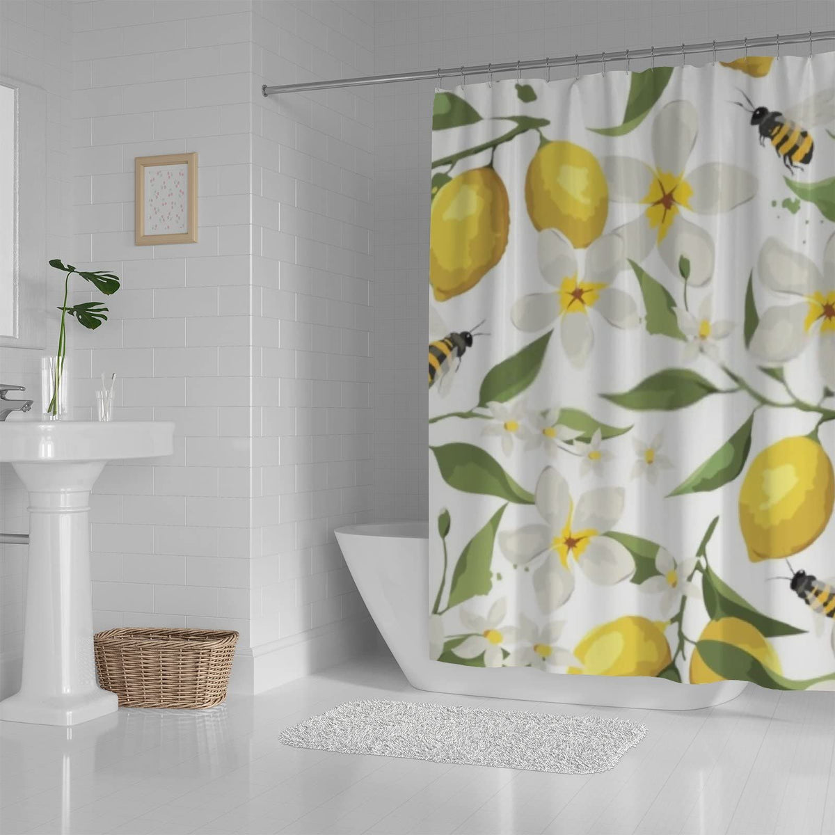 Watercolor Lemon Flowers Branch with Bees Bath Shower Curtains with Thicken Hooks Heavy Duty Waterproof Polyester  72x72in