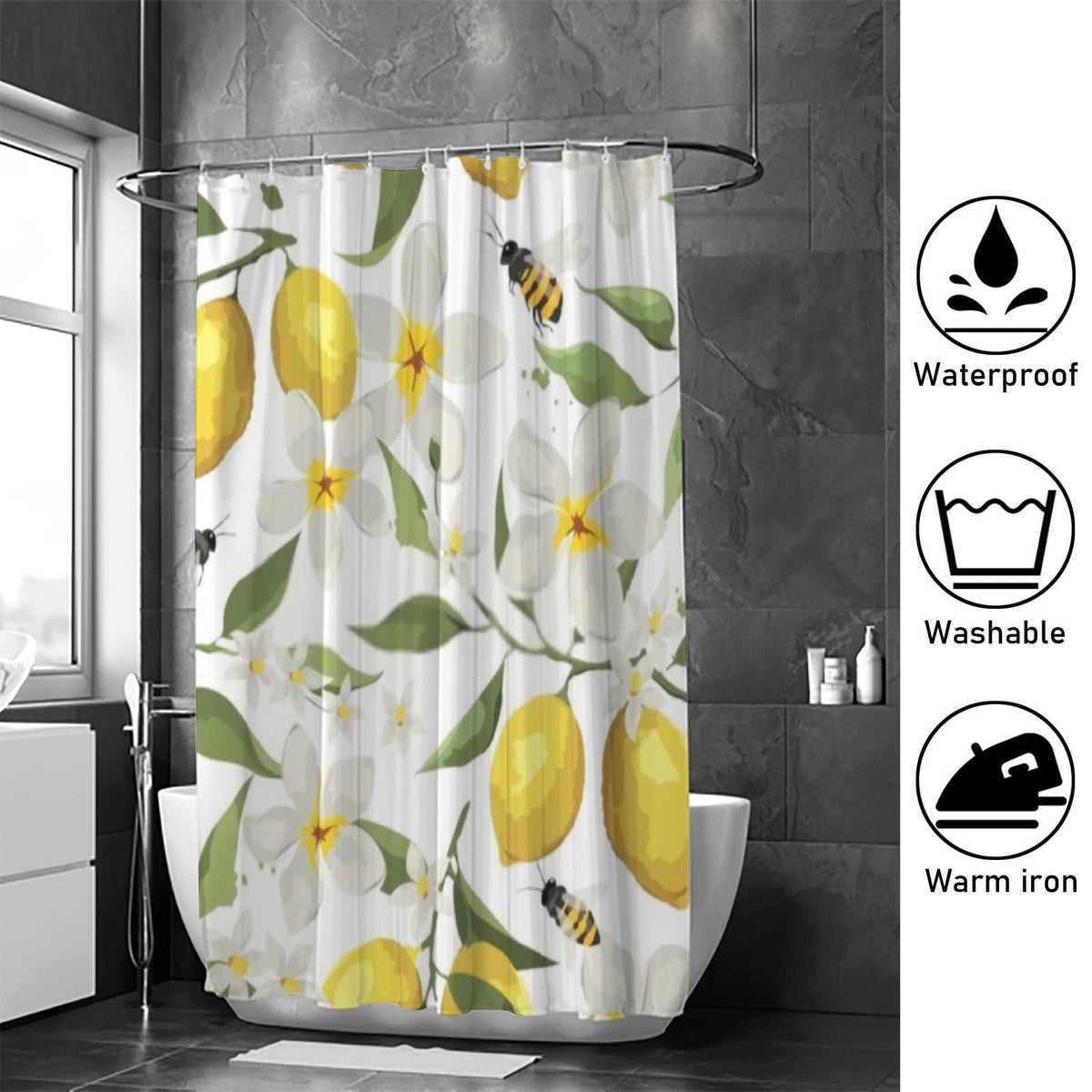 Watercolor Lemon Flowers Branch with Bees Bath Shower Curtains with Thicken Hooks Heavy Duty Waterproof Polyester  72x72in