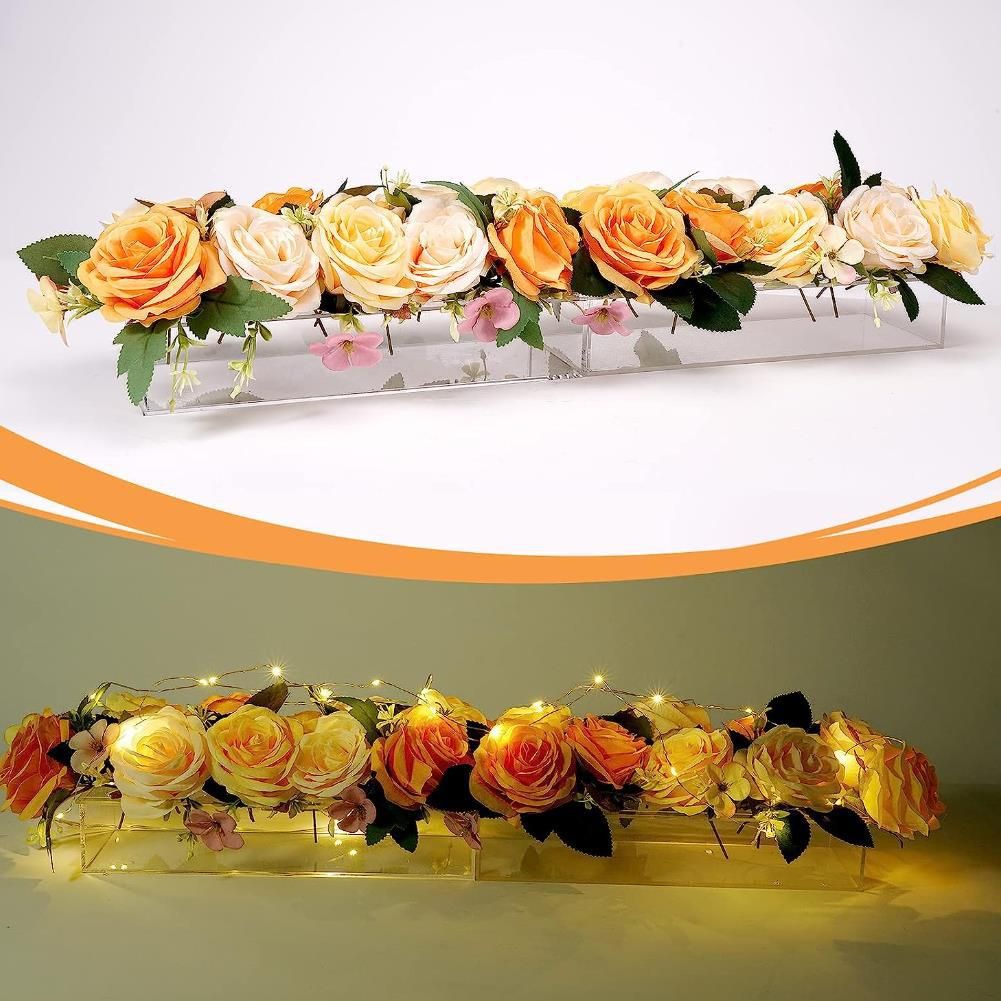 Clear Acrylic Flower Vase with Holes & LED Light for Flowers, Rectangular Acrylic Floral Table Centerpiece Vases for Dining Table