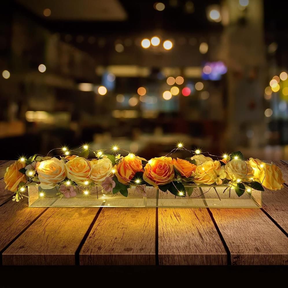 Clear Acrylic Flower Vase with Holes & LED Light for Flowers, Rectangular Acrylic Floral Table Centerpiece Vases for Dining Table