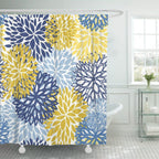 Shower Curtain Flower Blue Yellow and Navy Chrysanthemum Brown Waterproof Polyester Fabric Bathroom 72 x 72 Inches Set with Hooks