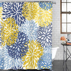 Shower Curtain Flower Blue Yellow and Navy Chrysanthemum Brown Waterproof Polyester Fabric Bathroom 72 x 72 Inches Set with Hooks