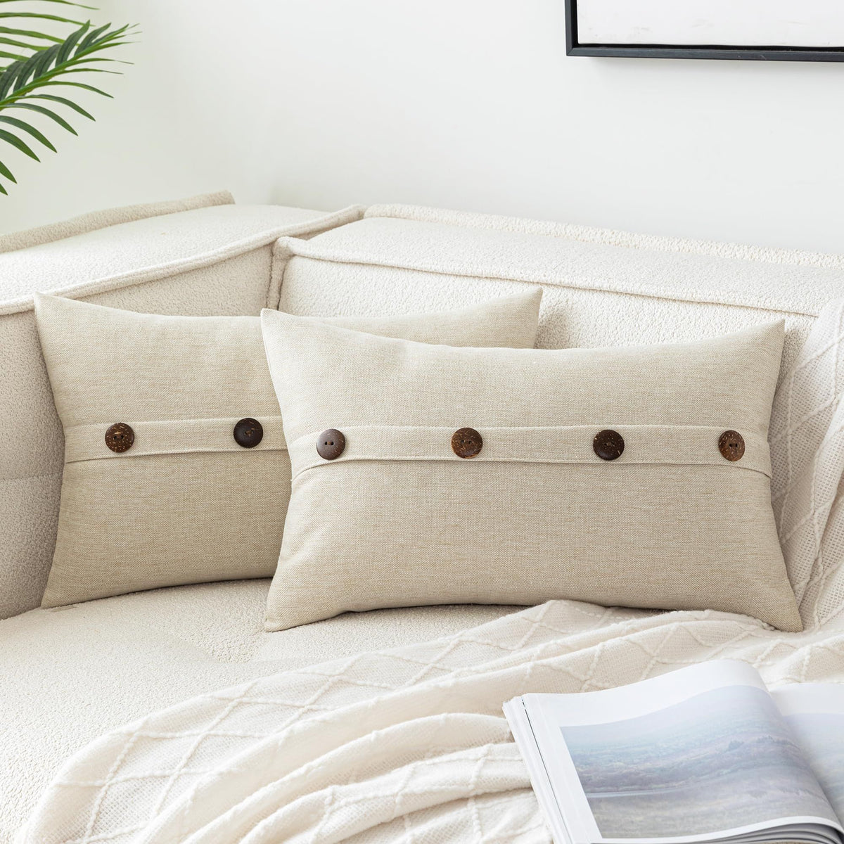 Set of 2 Decorative Linen Throw Pillow Covers Cushion Case Vintage Farmhouse Pillowcase 12 x 20 Inch 30 x 50 cm Beige