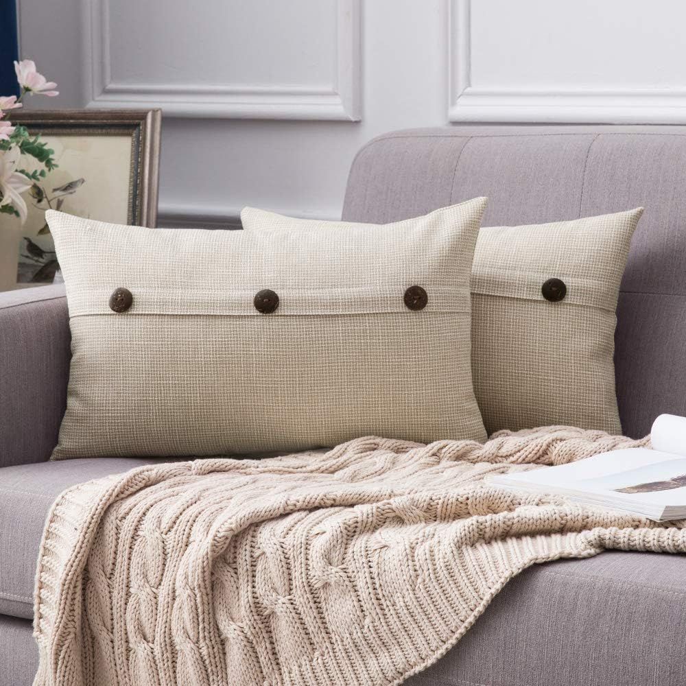 Set of 2 Decorative Linen Throw Pillow Covers Cushion Case Vintage Farmhouse Pillowcase 12 x 20 Inch 30 x 50 cm Beige