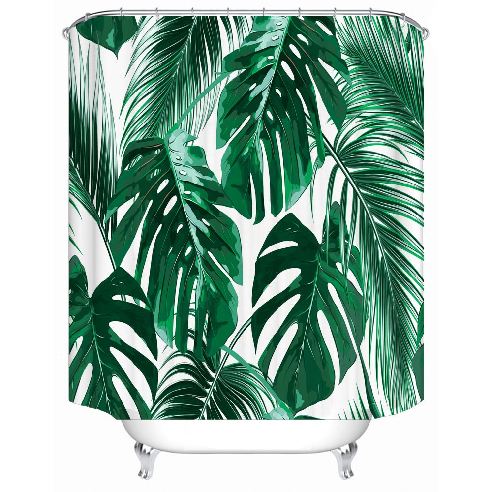 Palm Leaves Shower Curtain Green Tropical Plant Banana Leaf Jungle Botanical White Background Polyester Curtains