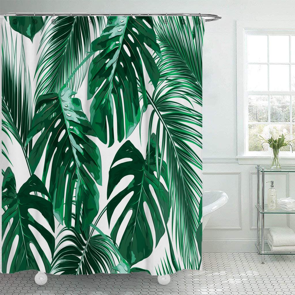 Palm Leaves Shower Curtain Green Tropical Plant Banana Leaf Jungle Botanical White Background Polyester Curtains