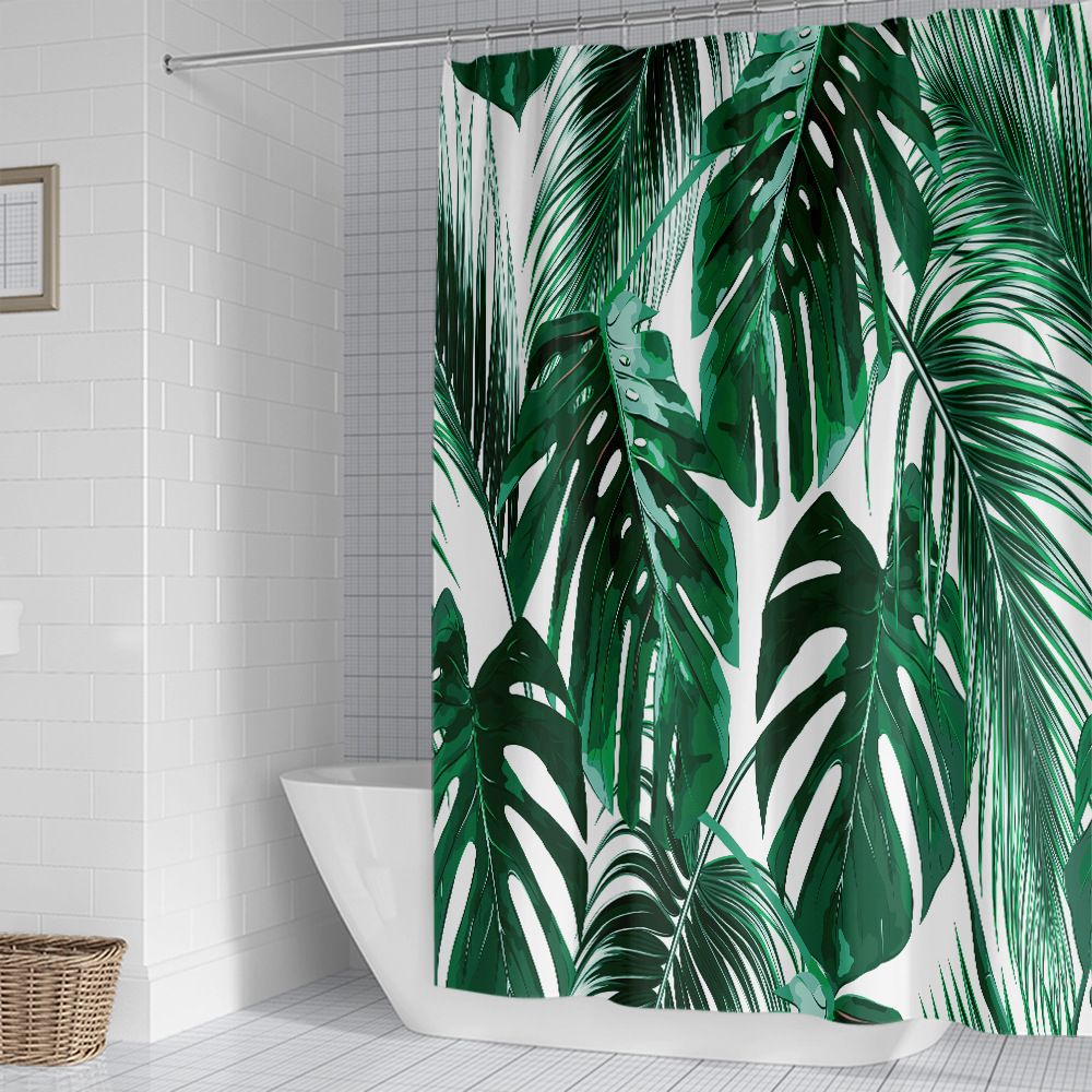 Palm Leaves Shower Curtain Green Tropical Plant Banana Leaf Jungle Botanical White Background Polyester Curtains