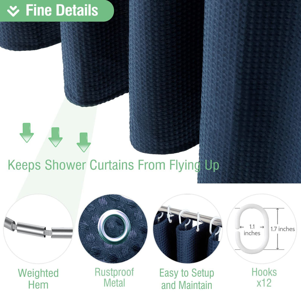 Thick Fabric Shower Curtains for Bathroom - Waffle Weave Heavy Duty, Hotel Spa Luxury Weighted Polyester Cloth Bath Curtain Set