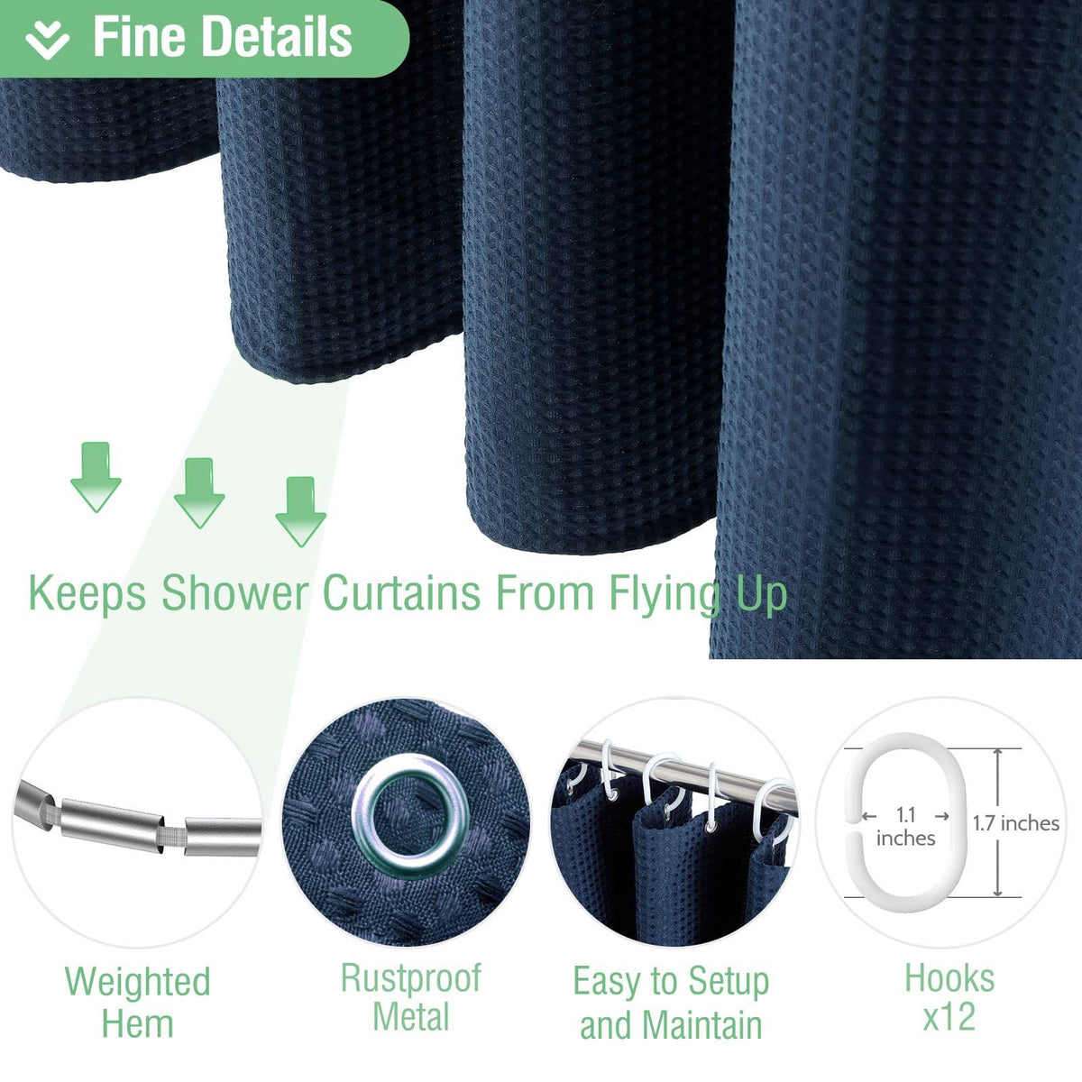 Thick Fabric Shower Curtains for Bathroom - Waffle Weave Heavy Duty, Hotel Spa Luxury Weighted Polyester Cloth Bath Curtain Set