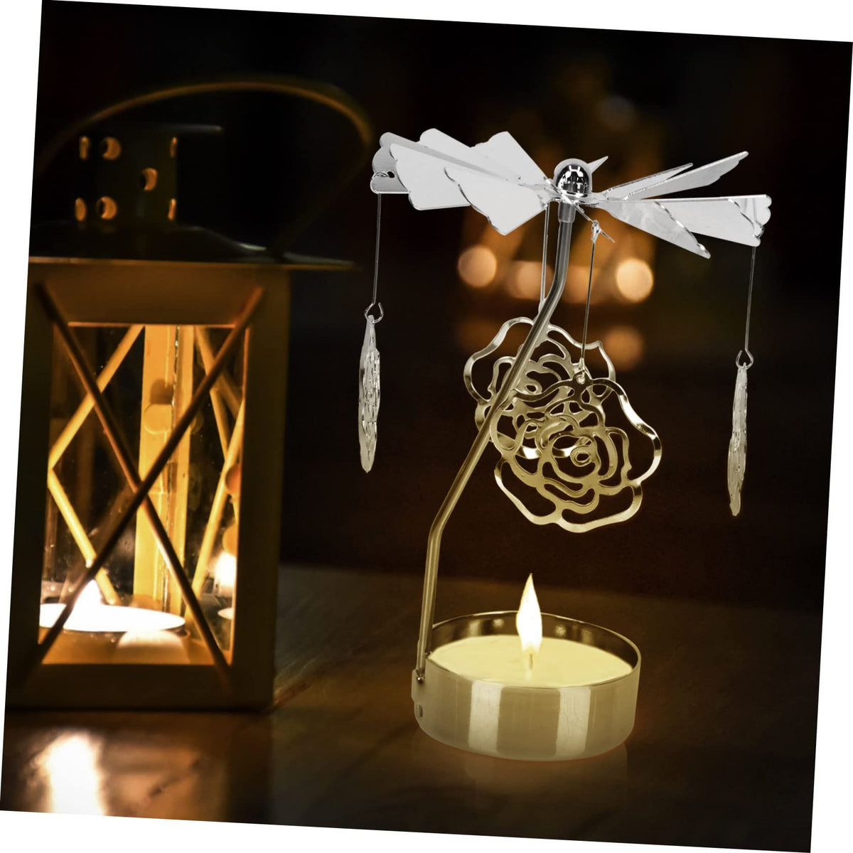 2Pcs Transfer Windmill Candlestick Rotary Candle Rotating Candlestick Candleholder Metal Tea Light Holder Heart Candle Holder