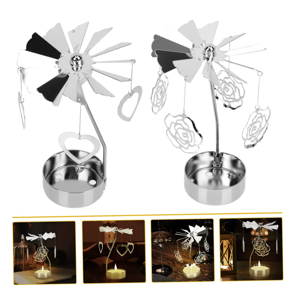 2Pcs Transfer Windmill Candlestick Rotary Candle Rotating Candlestick Candleholder Metal Tea Light Holder Heart Candle Holder