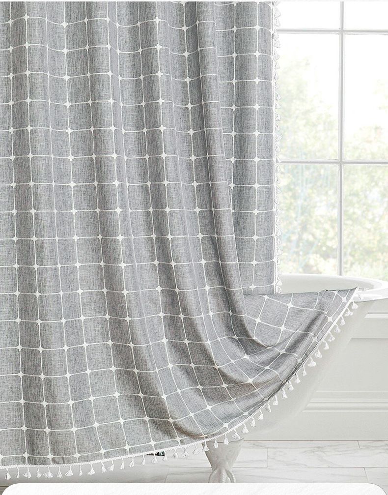 Farmhouse Shower Curtain,Linen Rustic Heavy Duty Striped Fabric Shower Curtain Set with Tassel,Water Repellent,Vintage Country