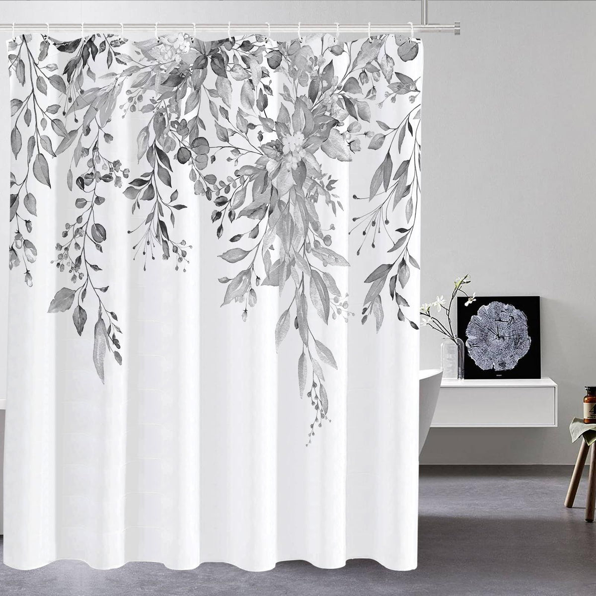 Light Grey Eucalyptus Shower Curtain, Watercolor Gray Leaves on The Top Plant with Floral Bathroom Decoration Shower 72x72 Inch