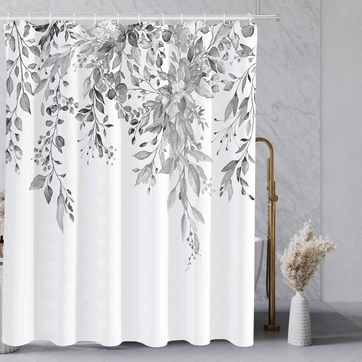 Light Grey Eucalyptus Shower Curtain, Watercolor Gray Leaves on The Top Plant with Floral Bathroom Decoration Shower 72x72 Inch