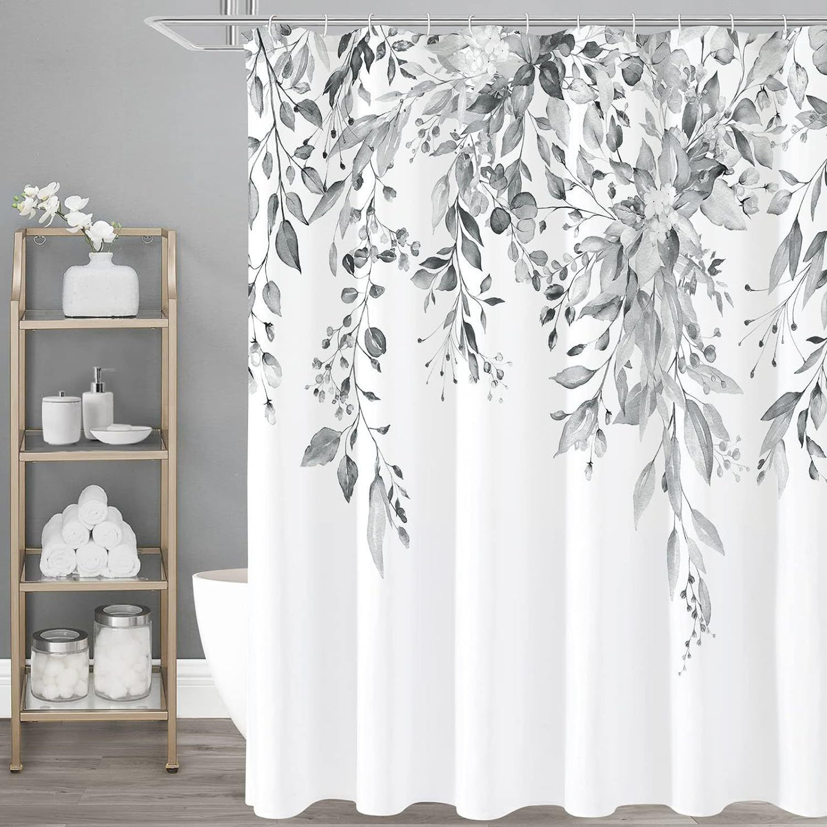 Light Grey Eucalyptus Shower Curtain, Watercolor Gray Leaves on The Top Plant with Floral Bathroom Decoration Shower 72x72 Inch