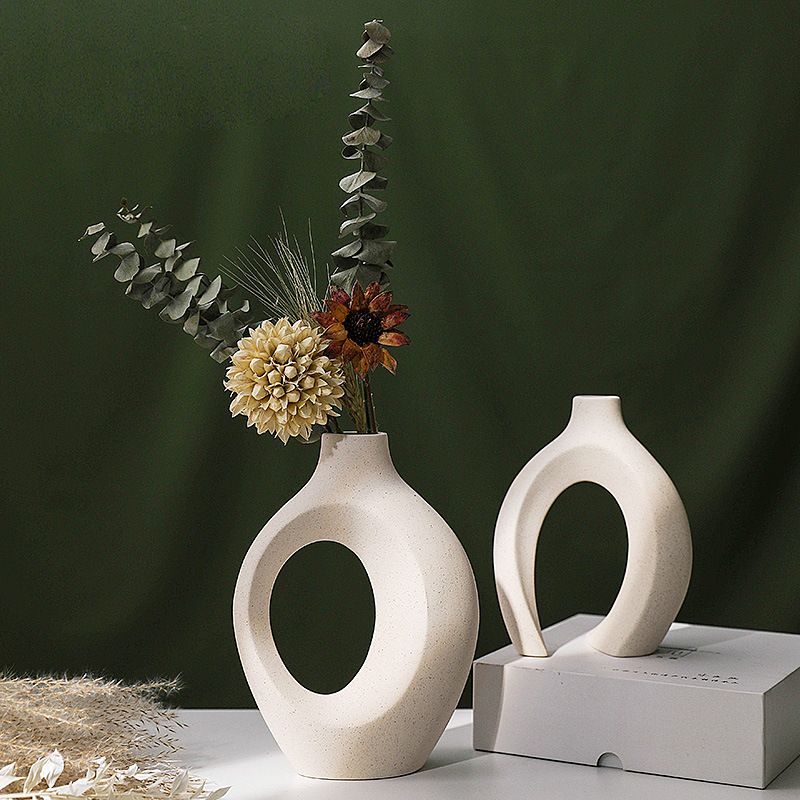 Hollow Ceramic Vase Set of 2,Style Round Nordic Mid Century Modern Aesthetic Decorative Vase for Home Decor