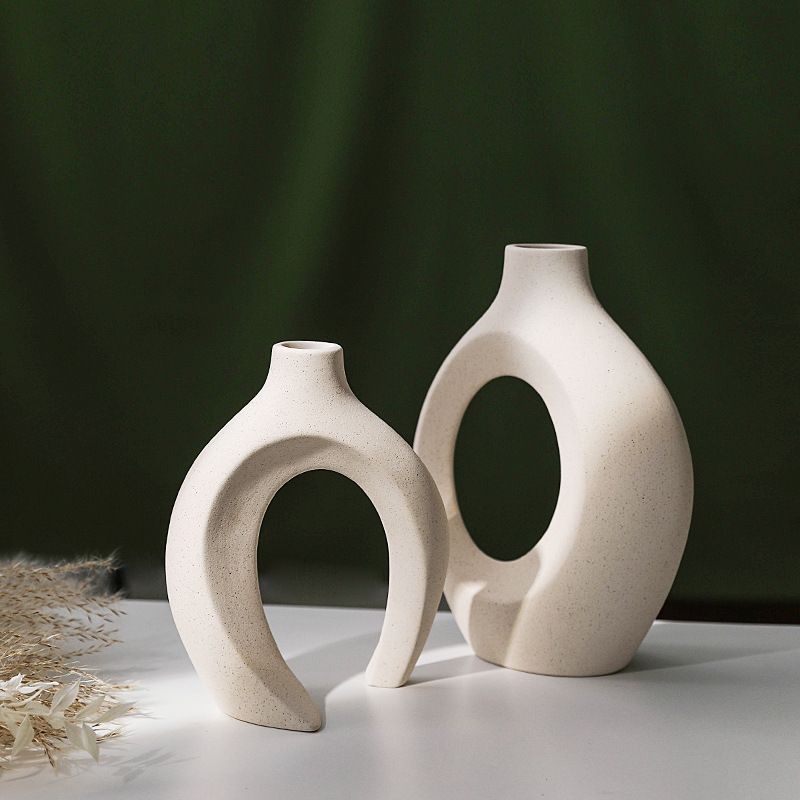 Hollow Ceramic Vase Set of 2,Style Round Nordic Mid Century Modern Aesthetic Decorative Vase for Home Decor
