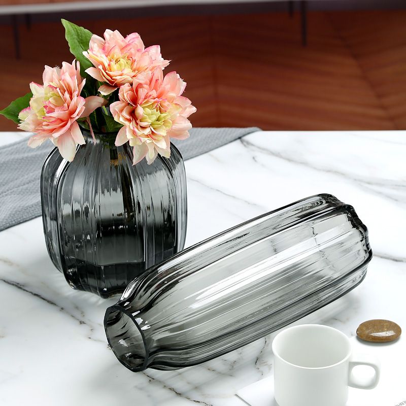 Black Grey Glass Vase for Flowers,Dark Grey Bud Tall Glass Vases,Simple Striped Design for Home Floor Decor（A set of 2）