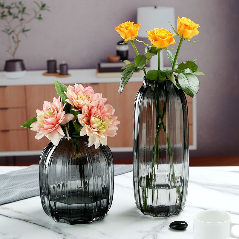 Black Grey Glass Vase for Flowers,Dark Grey Bud Tall Glass Vases,Simple Striped Design for Home Floor Decor（A set of 2）