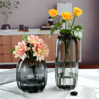Black Grey Glass Vase for Flowers,Dark Grey Bud Tall Glass Vases,Simple Striped Design for Home Floor Decor（A set of 2）