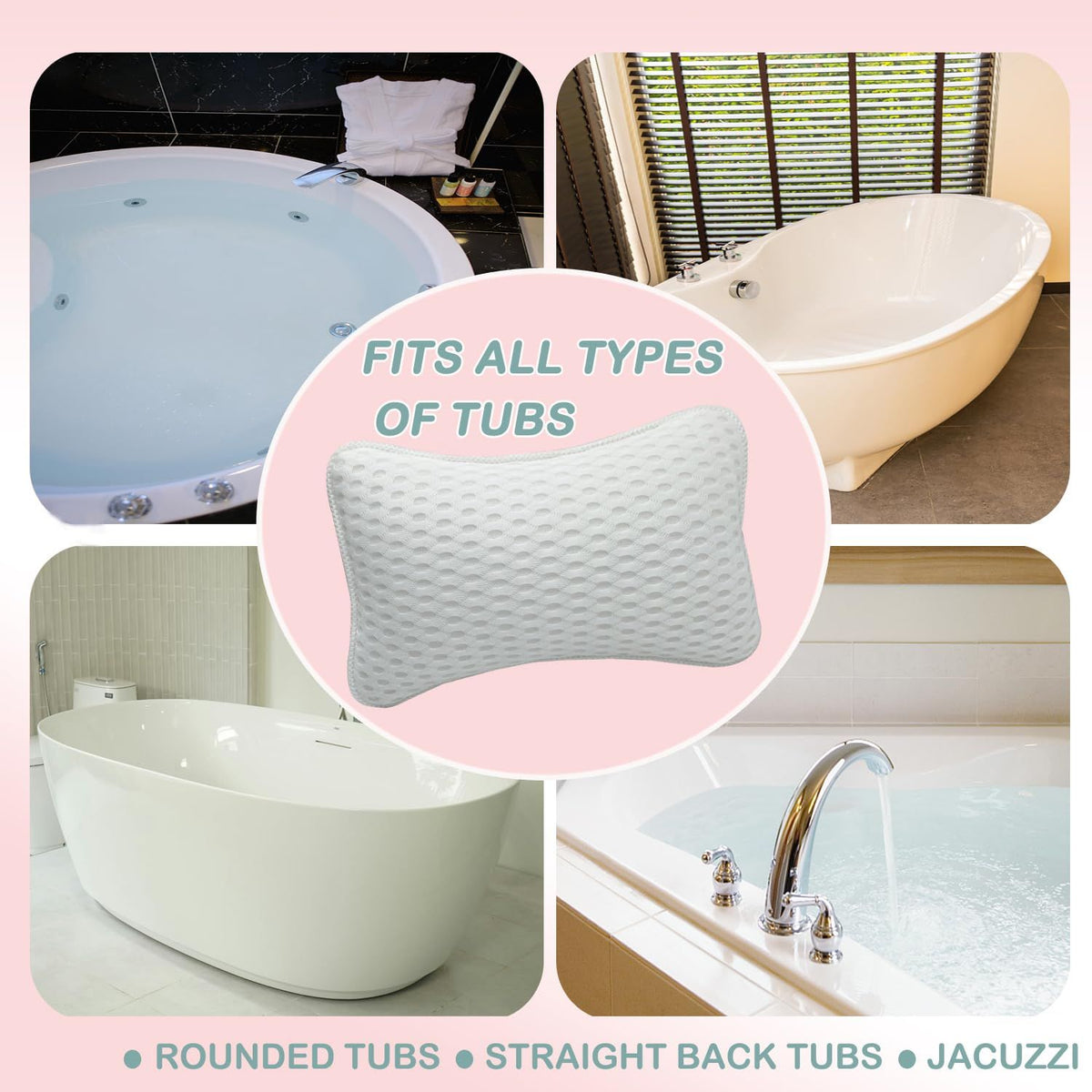 Bath Pillows for tub,Home Spa Pillows for Bathtub, Hot Tub,Head and Neck Support with 2 Strong Suction Cups,Off White