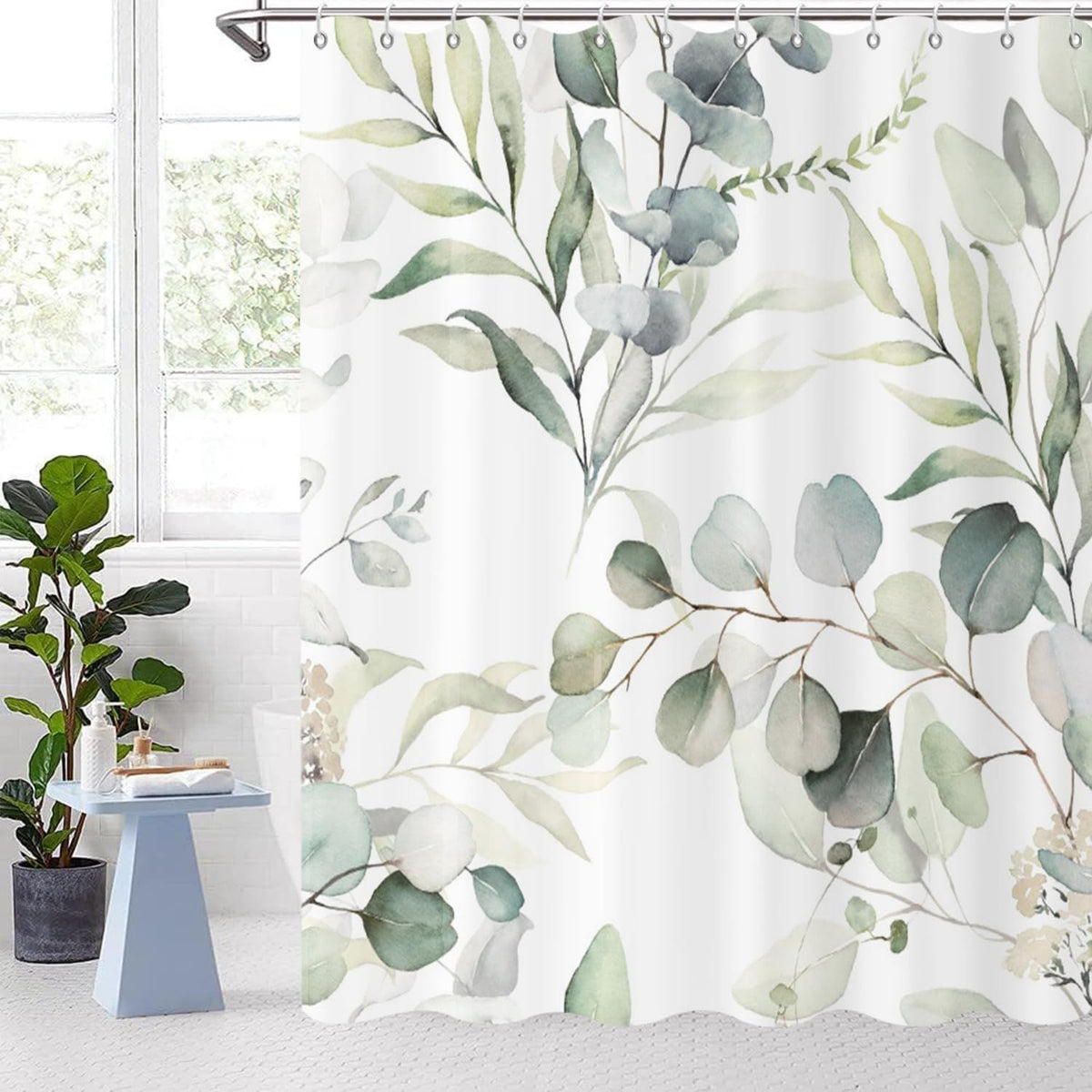 Leaf Shower Curtains,Botanical Watercolor Plants Bathroom Curtains Bathtub Home Decor Waterproof Fabric Machine Washable