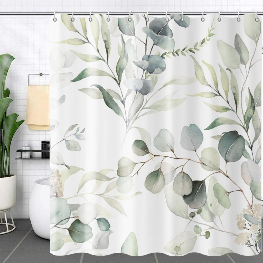Leaf Shower Curtains,Botanical Watercolor Plants Bathroom Curtains Bathtub Home Decor Waterproof Fabric Machine Washable