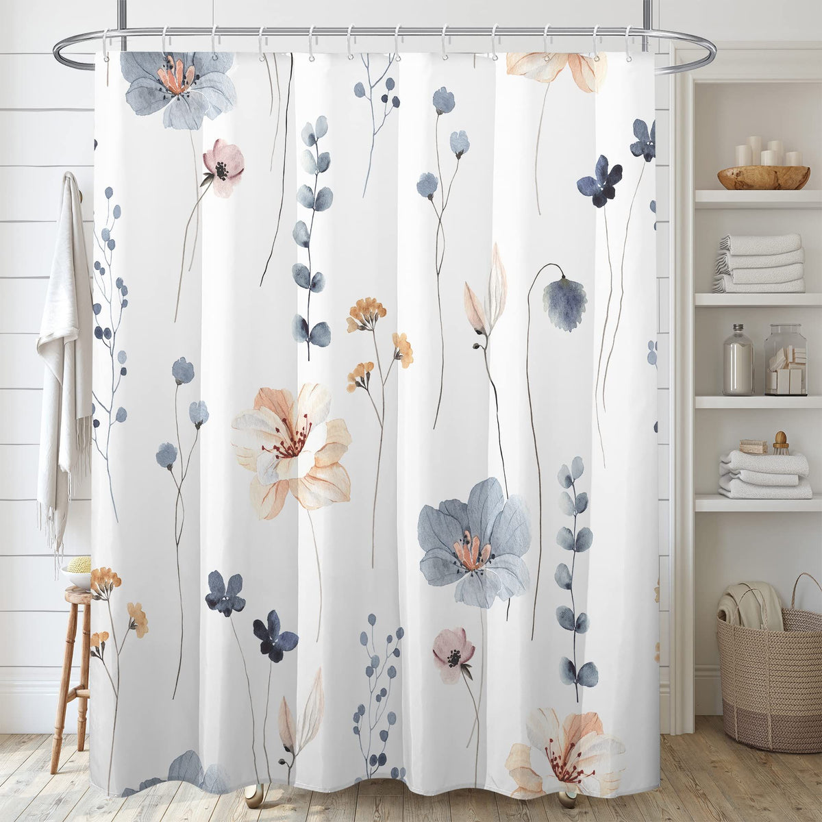 Decoreagy Watercolor Floral Shower Curtain Sets,Blue Beige Flowers Bathroom Curtains,Modern Minimalist White Bath Curtain