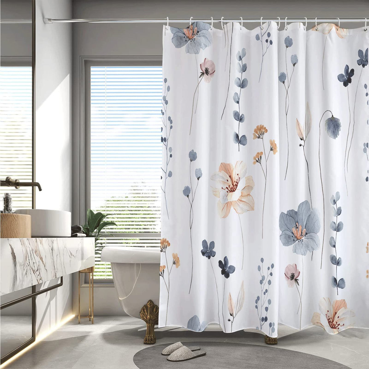 Decoreagy Watercolor Floral Shower Curtain Sets,Blue Beige Flowers Bathroom Curtains,Modern Minimalist White Bath Curtain