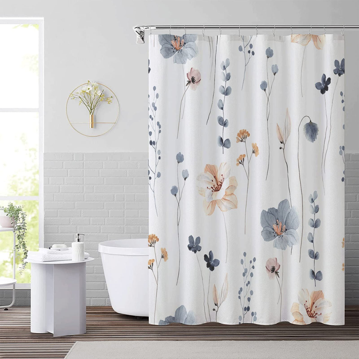 Decoreagy Watercolor Floral Shower Curtain Sets,Blue Beige Flowers Bathroom Curtains,Modern Minimalist White Bath Curtain