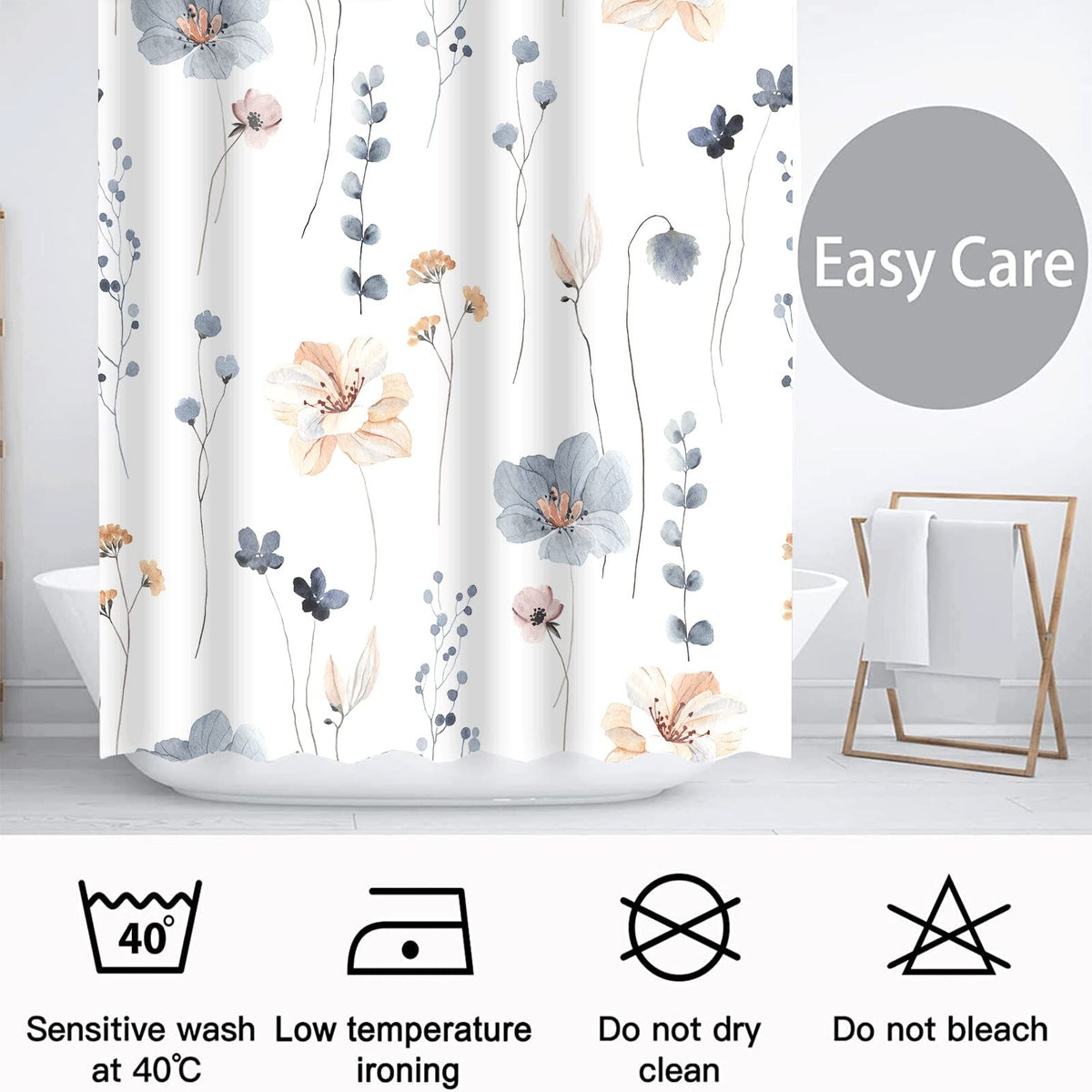 Decoreagy Watercolor Floral Shower Curtain Sets,Blue Beige Flowers Bathroom Curtains,Modern Minimalist White Bath Curtain