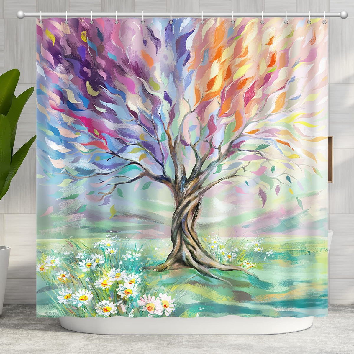 Oil Painting Tree Shower Curtain, Colored Seasons Tree Shower Curtain for Bathroom with Hook Polyester Fabric Washable Shower