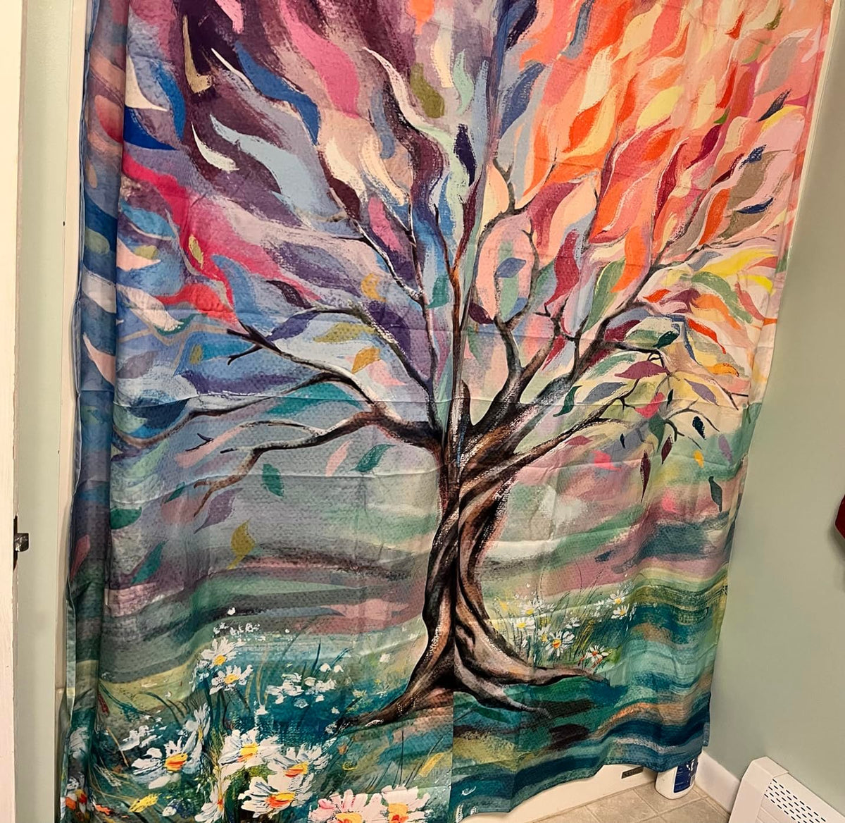 Oil Painting Tree Shower Curtain, Colored Seasons Tree Shower Curtain for Bathroom with Hook Polyester Fabric Washable Shower