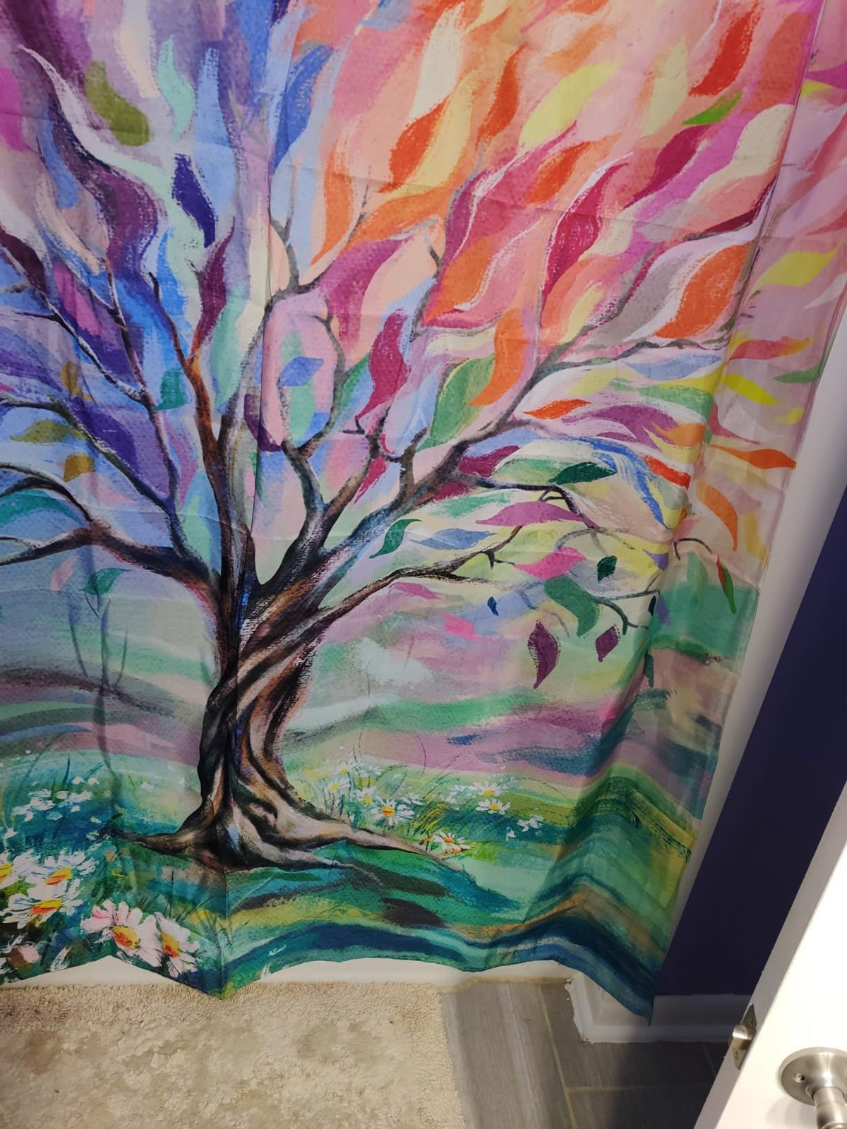 Oil Painting Tree Shower Curtain, Colored Seasons Tree Shower Curtain for Bathroom with Hook Polyester Fabric Washable Shower