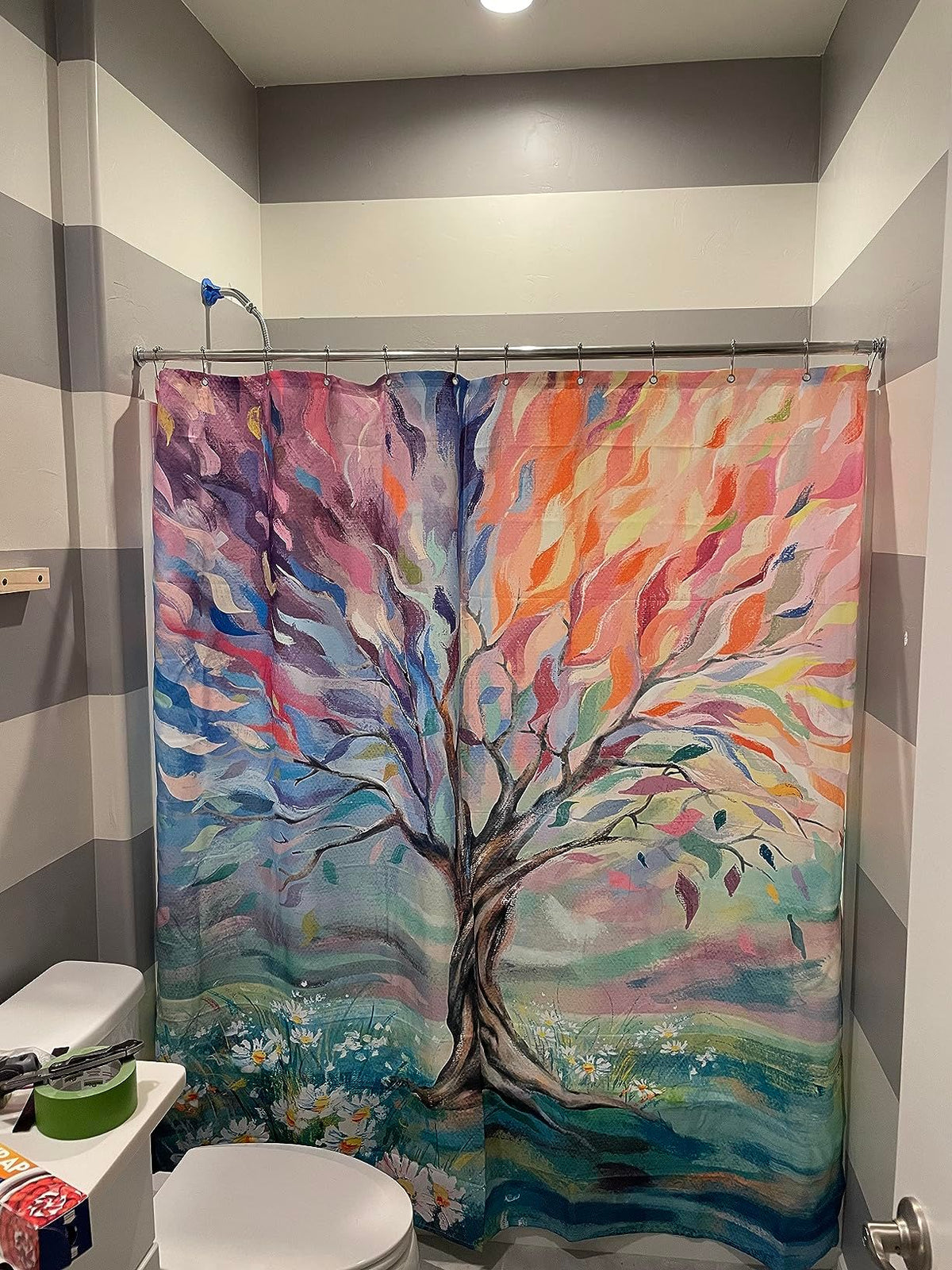 Oil Painting Tree Shower Curtain, Colored Seasons Tree Shower Curtain for Bathroom with Hook Polyester Fabric Washable Shower
